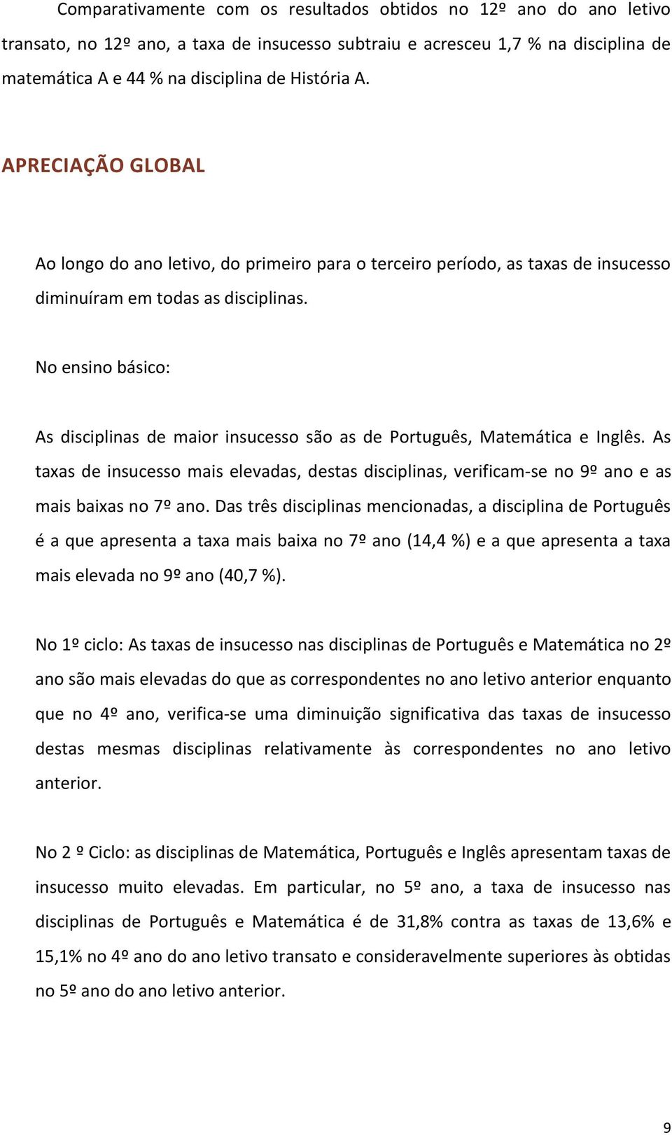 No ensino básico: As disciplinas de maior insucesso são as de Português, Matemática e Inglês.