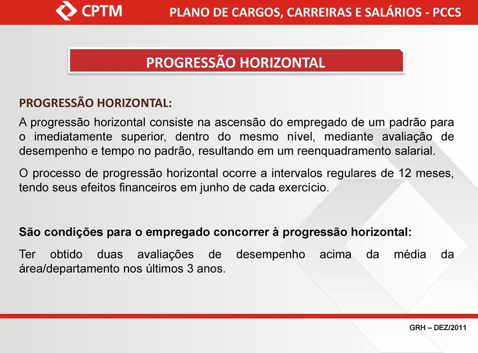 O processo de progressão horizontal ocorre a intervalos regulares de 12 meses, tendo seus efeitos financeiros em junho de cada exercício.