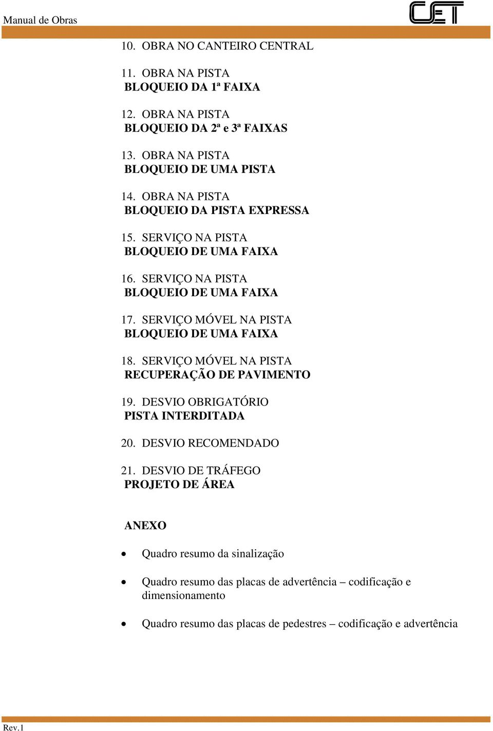 SERVIÇO MÓVEL NA PISTA BLOQUEIO DE UMA FAIXA 18. SERVIÇO MÓVEL NA PISTA RECUPERAÇÃO DE PAVIMENTO 19. DESVIO OBRIGATÓRIO PISTA INTERDITADA 20. DESVIO RECOMENDADO 21.