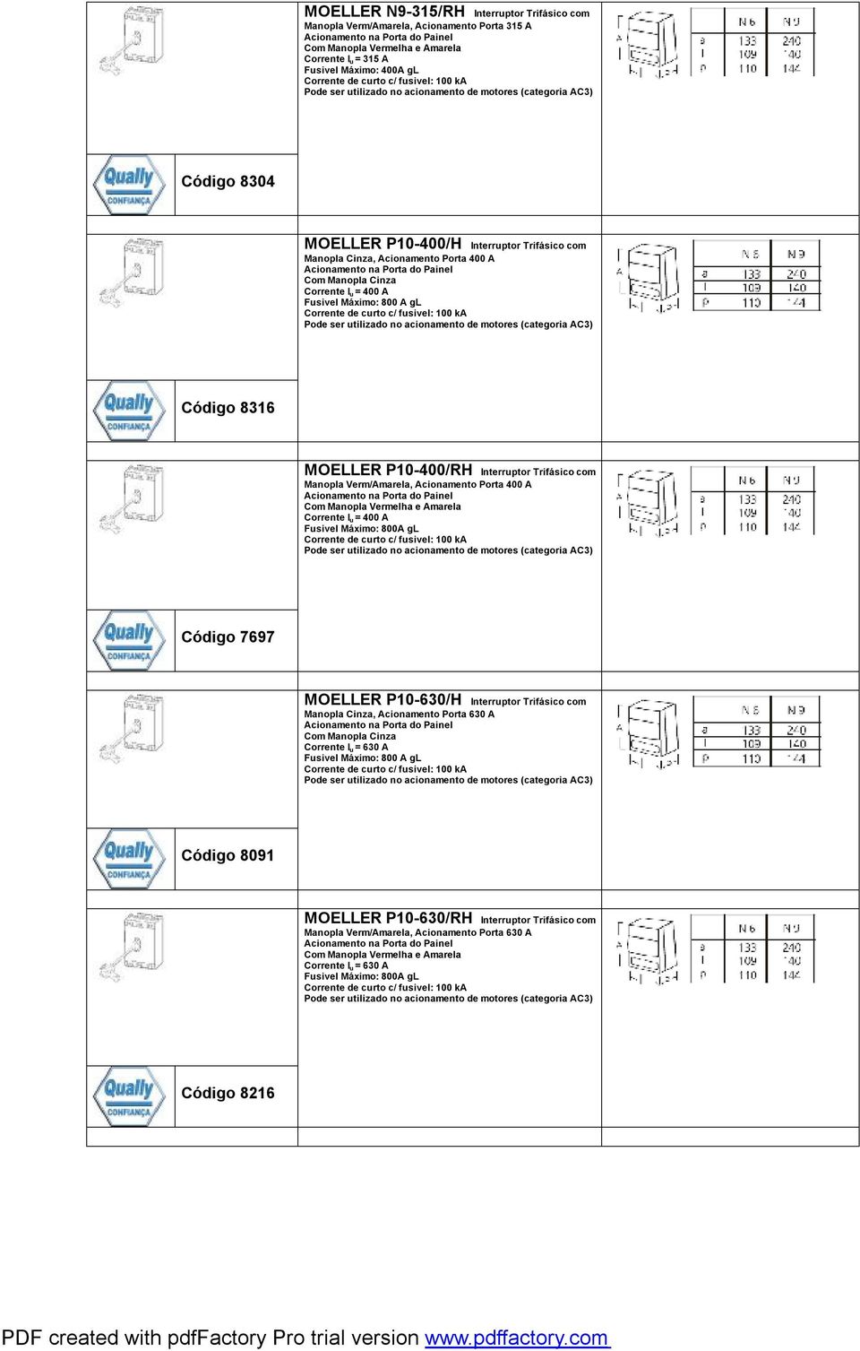 Acionamento Porta 400 A Corrente I u = 400 A Fusivel Máximo: 800A gl Código 7697 MOELLER P10-630/H Interruptor Trifásico com Manopla Cinza, Acionamento Porta 630 A Corrente I u =