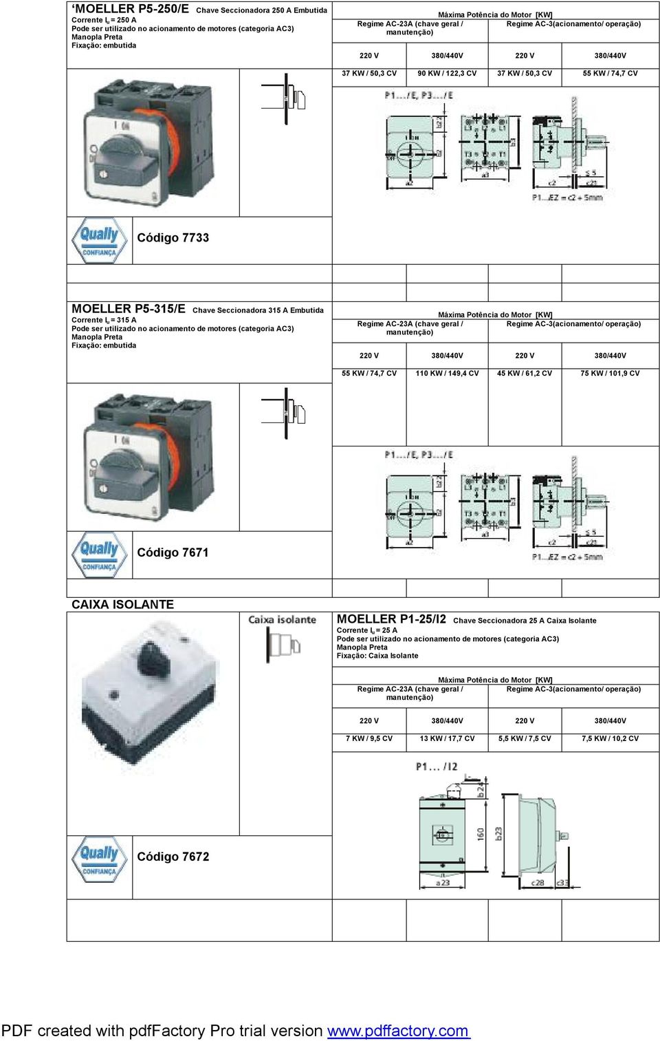 / 149,4 CV 45 KW / 61,2 CV 75 KW / 101,9 CV Código 7671 CAIXA ISOLANTE MOELLER P1-25/I2 Chave Seccionadora 25 A Caixa