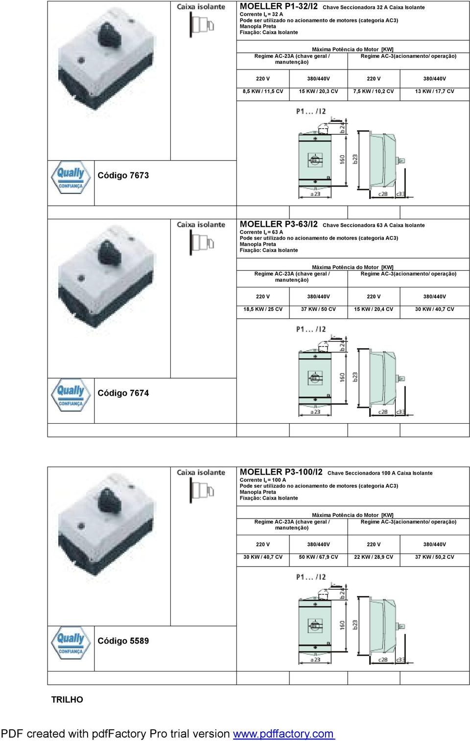 Caixa Isolante 18,5 KW / 25 CV 37 KW / 50 CV 15 KW / 20,4 CV 30 KW / 40,7 CV Código 7674 MOELLER P3-100/I2 Chave Seccionadora 100 A