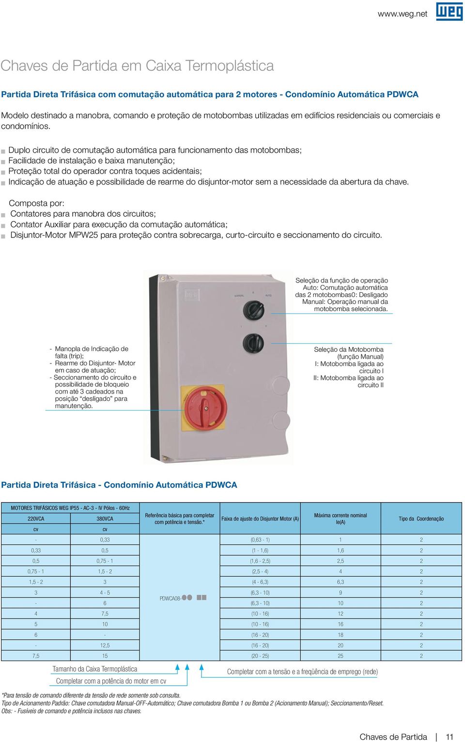 Duplo circuito de comutação automática para funcionamento das motobombas; Facilidade de instalação e baixa manutenção; Proteção total do operador contra toques acidentais; Indicação de atuação e