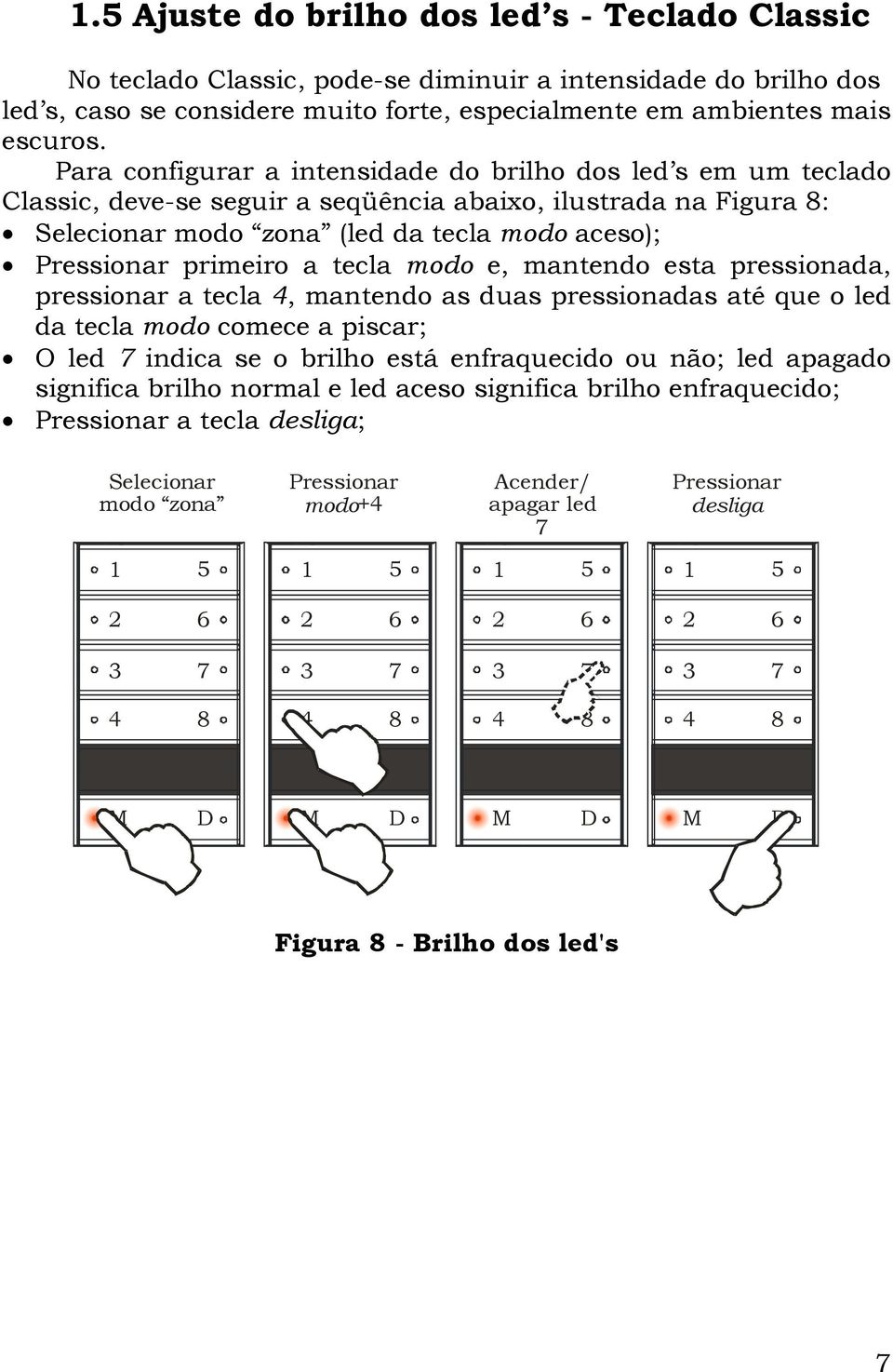 modo e, mantendo esta pressionada, pressionar a tecla 4, mantendo as duas pressionadas até que o led da tecla modo comece a piscar; O led 7 indica se o brilho está enfraquecido ou não; led apagado