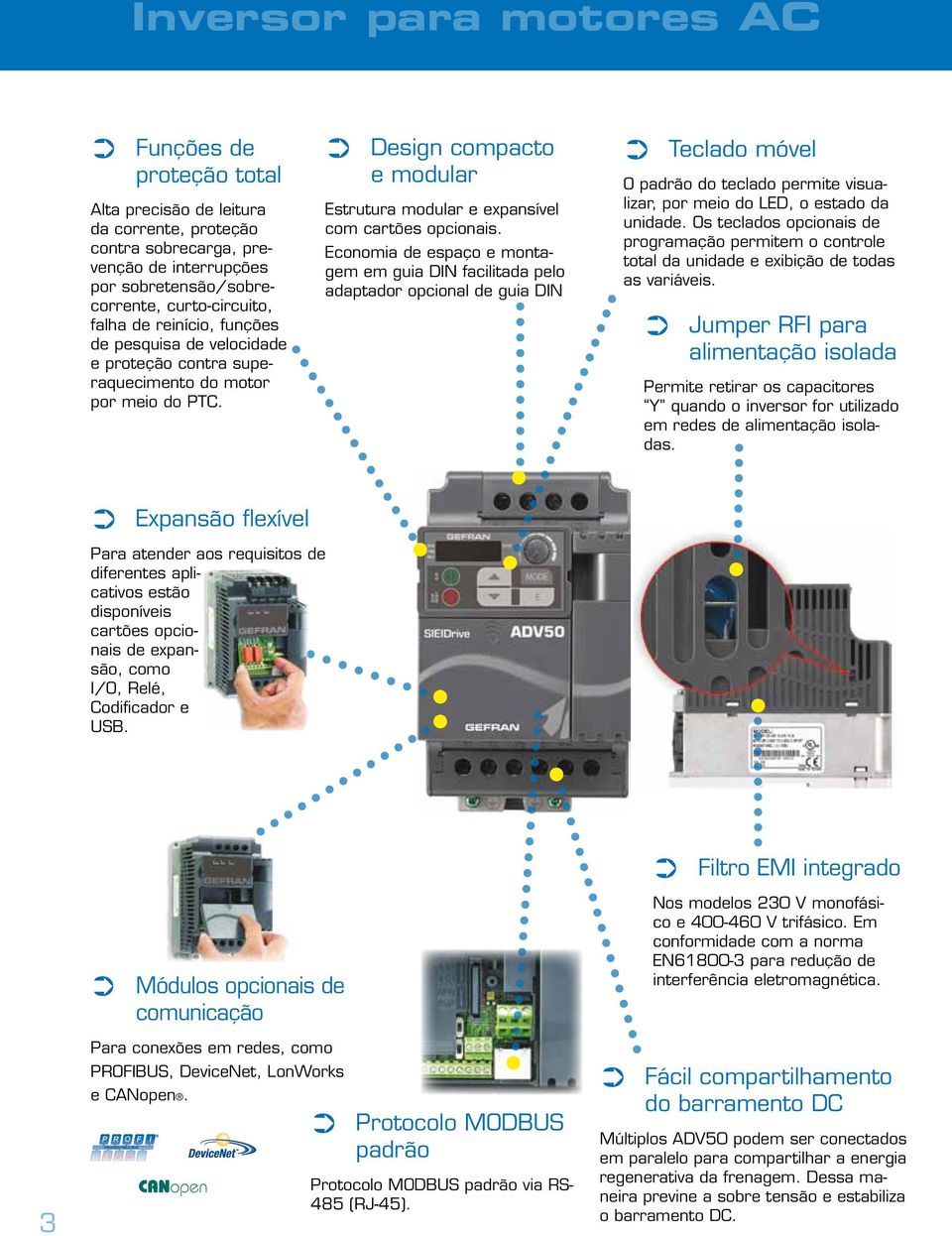 Economia de espaço e montagem em guia DIN facilitada pelo adaptador opcional de guia DIN Teclado móvel O padrão do teclado permite visualizar, por meio do LED, o estado da unidade.