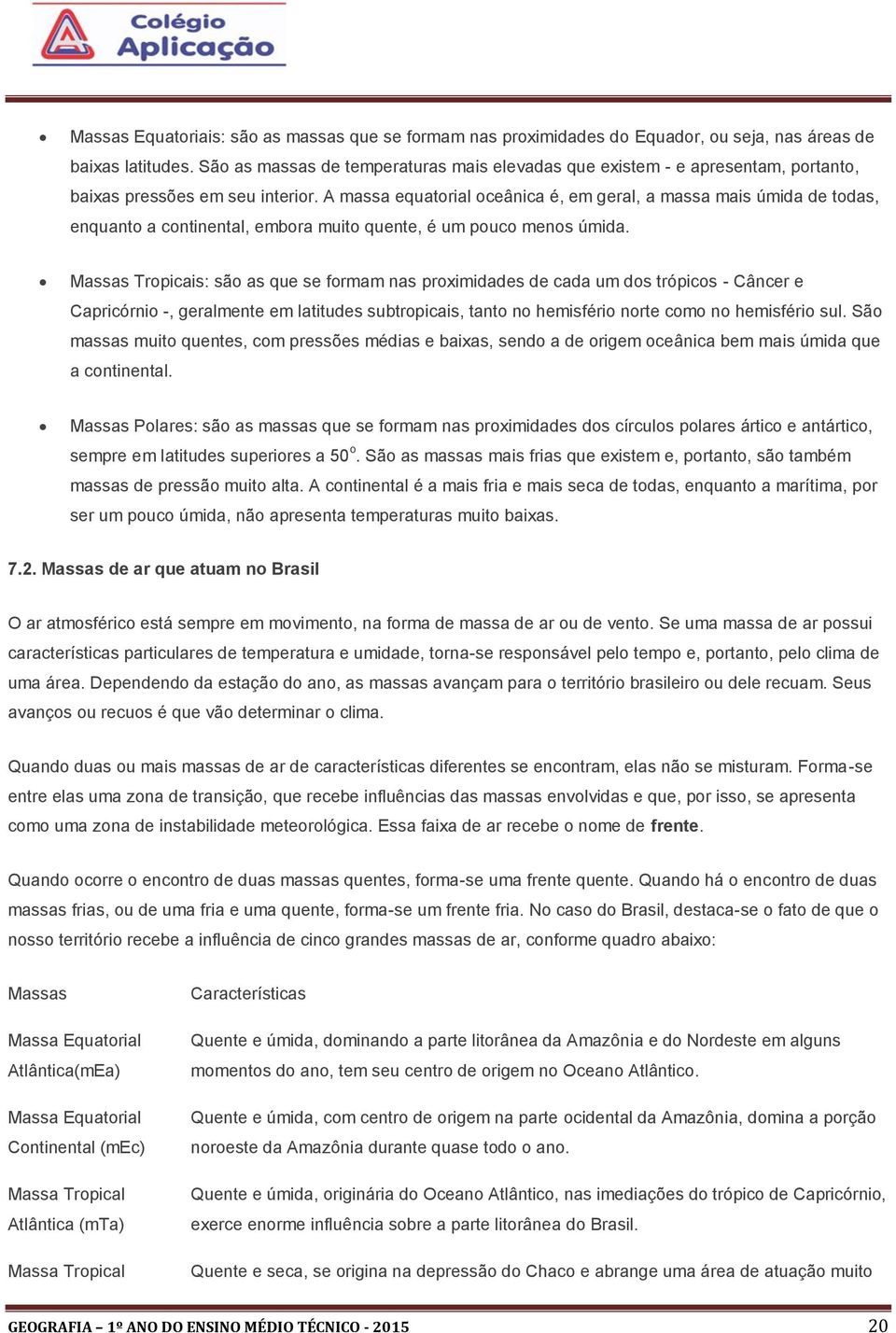 A massa equatorial oceânica é, em geral, a massa mais úmida de todas, enquanto a continental, embora muito quente, é um pouco menos úmida.