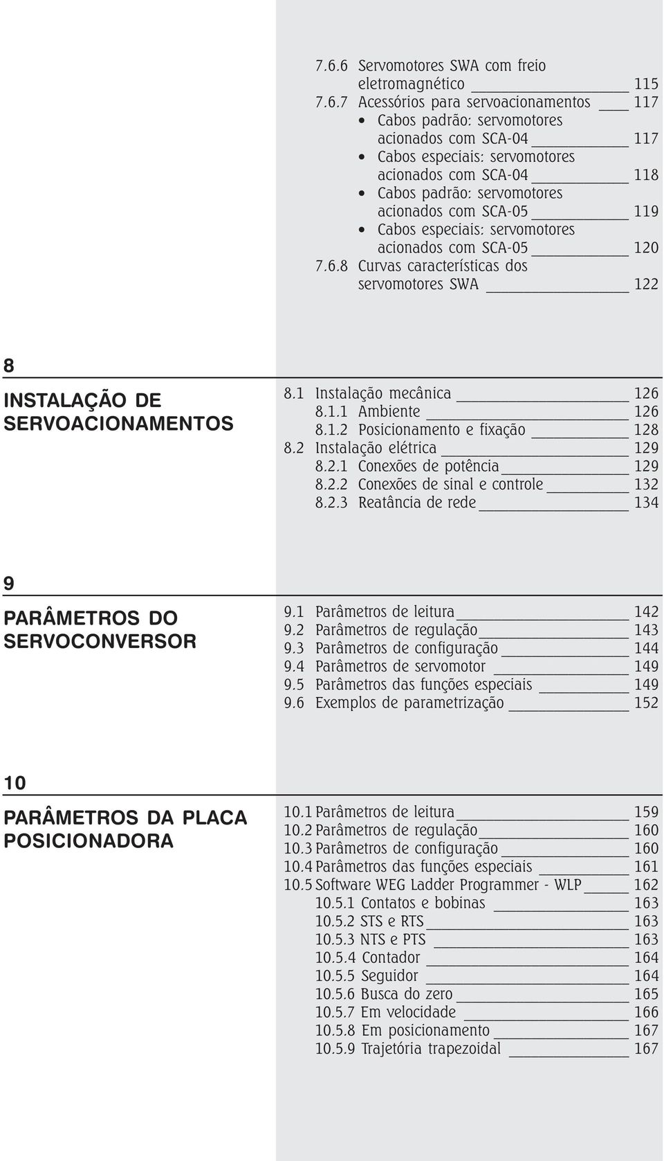 8 Curvas características dos servomotores SWA 122 8 INSTALAÇÃO DE SERVOACIONAMENTOS 8.1 Instalação mecânica 126 8.1.1 Ambiente 126 8.1.2 Posicionamento e fixação 128 8.2 Instalação elétrica 129 8.2.1 Conexões de potência 129 8.