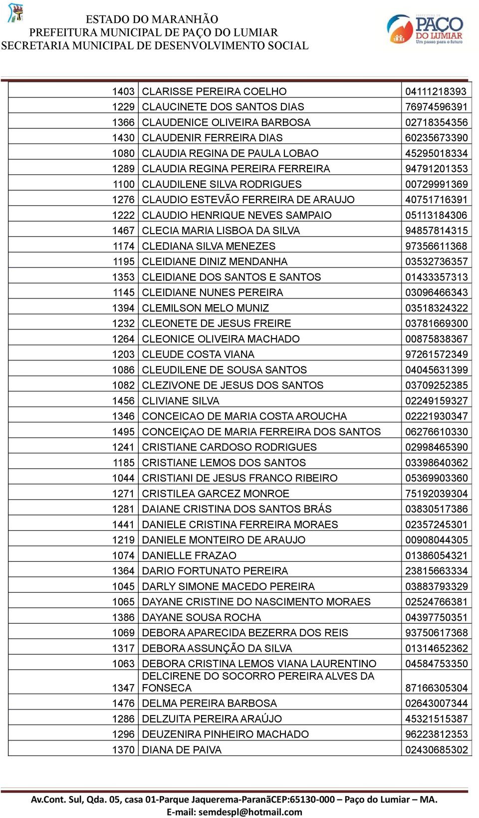 CLEDIANA SILVA MENEZES 9766116 119 CLEIDIANE DINIZ MENDANHA 2767 1 CLEIDIANE DOS SANTOS E SANTOS 171 11 CLEIDIANE NUNES PEREIRA 9666 19 CLEMILSON MELO MUNIZ 1222 122 CLEONETE DE JESUS FREIRE 71669