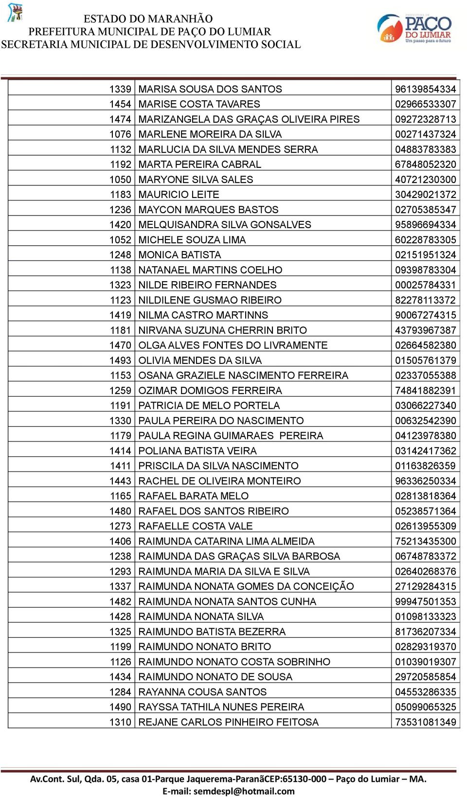 NATANAEL MARTINS COELHO 997 12 NILDE RIBEIRO FERNANDES 271 112 NILDILENE GUSMAO RIBEIRO 2271172 119 NILMA CASTRO MARTINNS 967271 111 NIRVANA SUZUNA CHERRIN BRITO 799677 17 OLGA ALVES FONTES DO