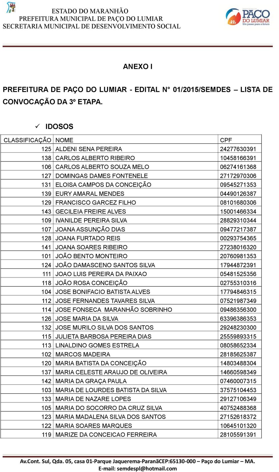 9271 19 EURY AMARAL MENDES 91267 129 FRANCISCO GARCEZ FILHO 1166 1 GECILEIA FREIRE ALVES 1166 19 IVANILDE PEREIRA SILVA 2291 17 JOANA ASSUNÇÃO DIAS 9772177 12 JOANA FURTADO REIS 2976 11 JOANA SOARES