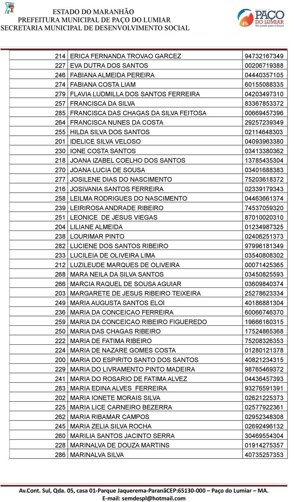 27 JOANA LUCIA DE SOUSA 16 277 JOSILENE DIAS DO NASCIMENTO 726172 216 JOSIVANIA SANTOS FERREIRA 29179 2 LEILMA RODRIGUES DO NASCIMENTO 66617 29 LEIRIROSA ANDRADE RIBEIRO 7792 21 LEONICE DE JESUS