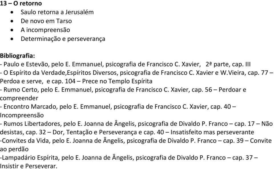 Emmanuel, psicografia de Francisco C. Xavier, cap. 56 Perdoar e compreender - Encontro Marcado, pelo E. Emmanuel, psicografia de Francisco C. Xavier, cap. 40 Incompreensão - Rumos Libertadores, pelo E.