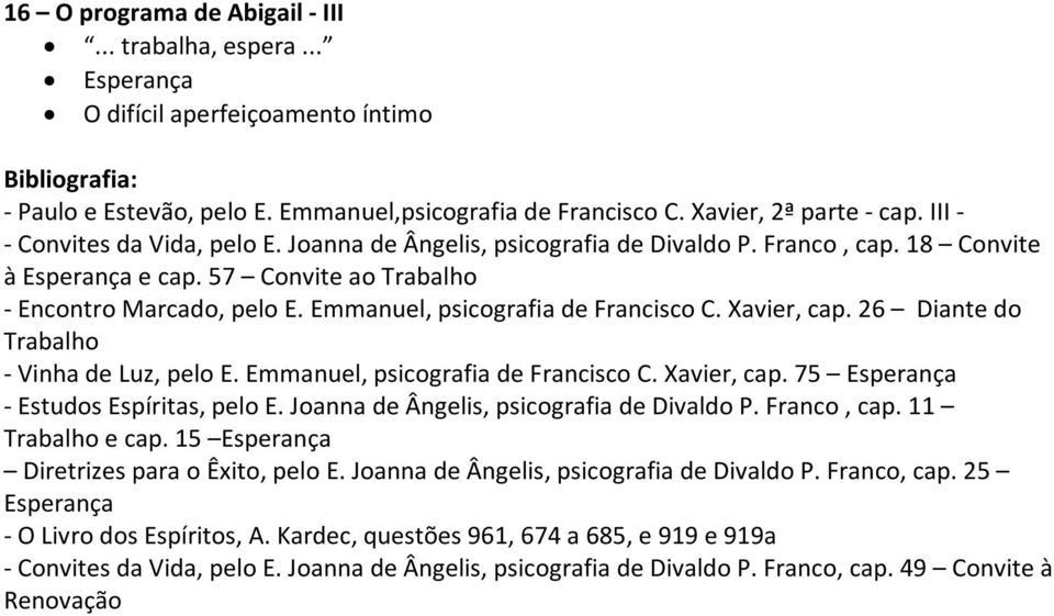 Emmanuel, psicografia de Francisco C. Xavier, cap. 26 Diante do Trabalho - Vinha de Luz, pelo E. Emmanuel, psicografia de Francisco C. Xavier, cap. 75 Esperança - Estudos Espíritas, pelo E.