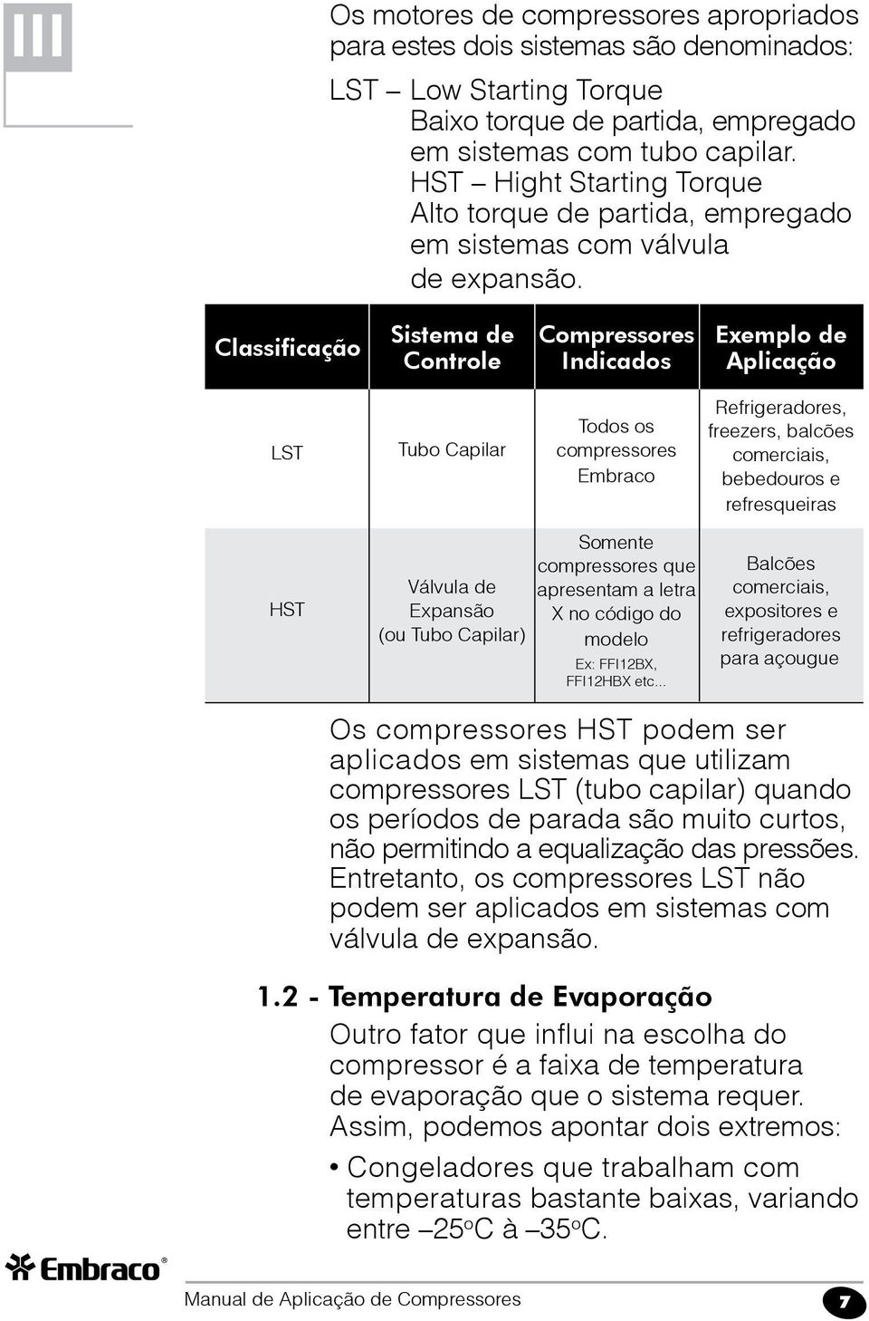 Classificação Sistema de Controle Compressores Indicados Exemplo de Aplicação LST Tubo Capilar Todos os compressores Embraco Refrigeradores, freezers, balcões comerciais, bebedouros e refresqueiras