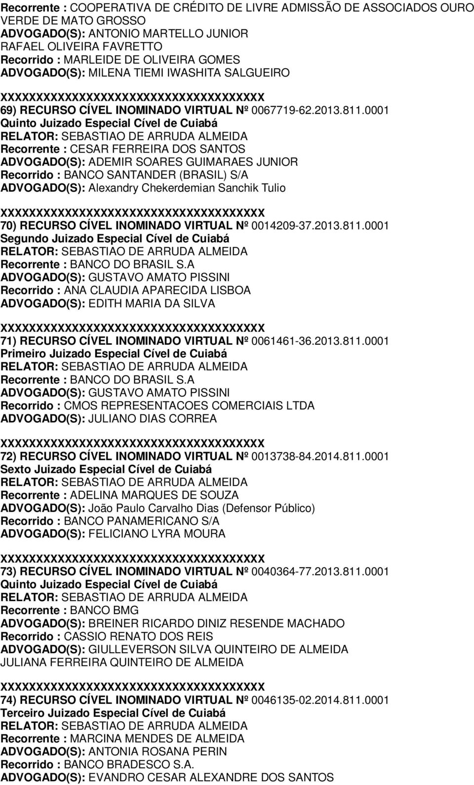 0001 Quinto Juizado Especial Cível de Cuiabá Recorrente : CESAR FERREIRA DOS SANTOS ADVOGADO(S): ADEMIR SOARES GUIMARAES JUNIOR Recorrido : BANCO SANTANDER (BRASIL) S/A ADVOGADO(S): Alexandry