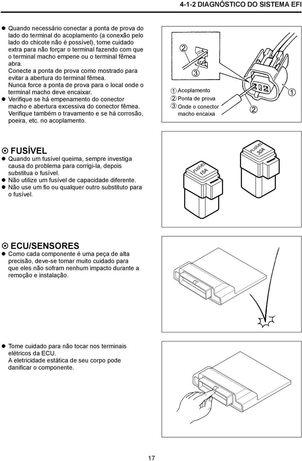 Nunca force a ponta de prova para o local onde o terminal macho deve encaixar. Verifique se há empenamento do conector macho e abertura excessiva do conector fêmea.