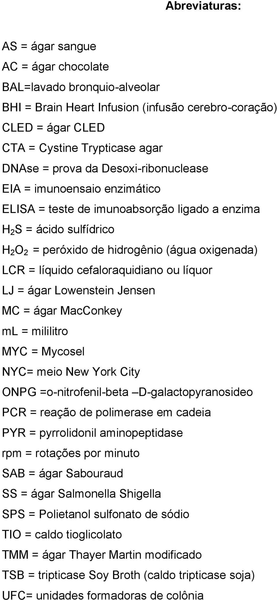 cefaloraquidiano ou líquor LJ = ágar Lowenstein Jensen MC = ágar MacConkey ml = mililitro MYC = Mycosel NYC= meio New York City ONPG =o-nitrofenil-beta D-galactopyranosideo PCR = reação de polimerase