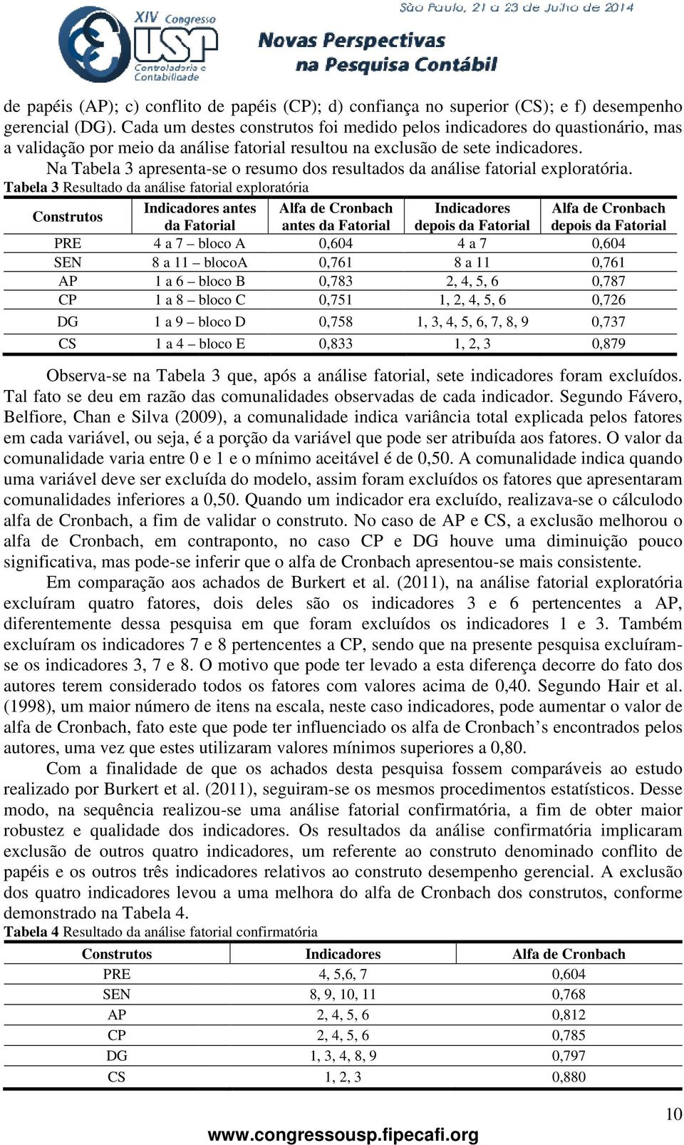 Na Tabela 3 apresenta-se o resumo dos resultados da análise fatorial exploratória.