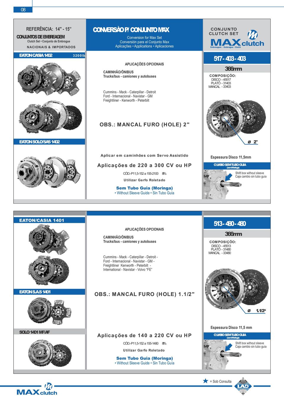 APLICAÇÕES OPCIONAIS CAMINHÃO/ÔNIBUS Trucks/bus - camiones y autobuses Cummins - Mack - Caterpillar - Detroit Ford - Internacional - Navistar - GM Freightliner - Kenworth - Peterbilt 517-403 - 403