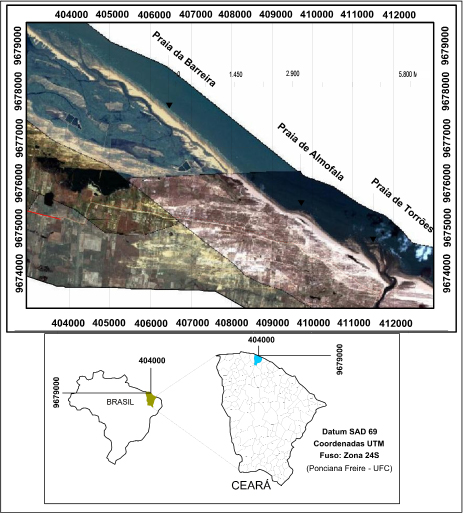 Pesquisas em Geociências, 40 (1): 61-73, jan./abr. 2013 Figura 1. Mapa de localização da planície costeira de Almofala, com destaque às praias oceânicas da Barreira, Almofala e Torrões.