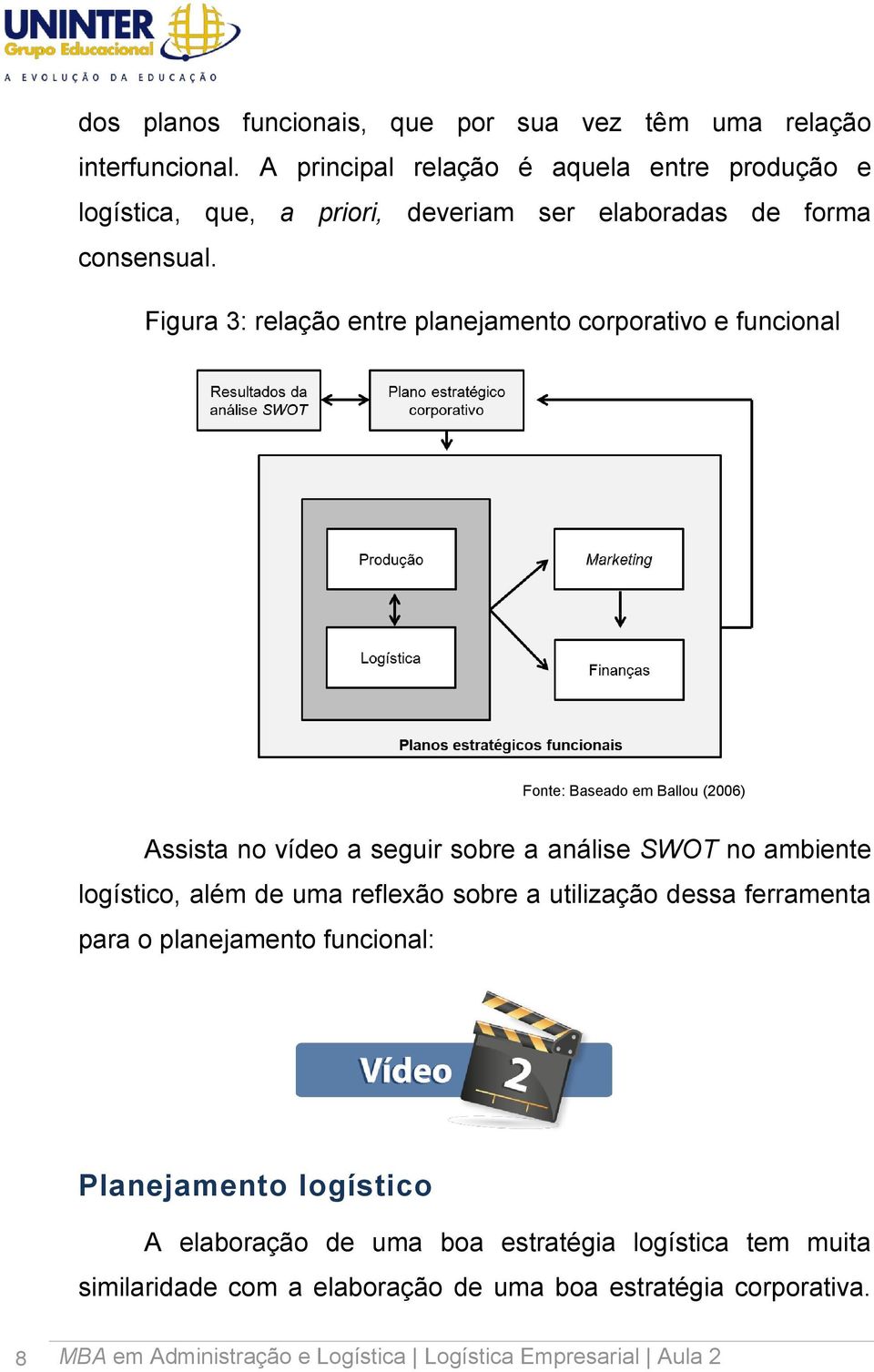 Figura 3: relação entre planejamento corporativo e funcional Fonte: Baseado em Ballou (2006) Assista no vídeo a seguir sobre a análise SWOT no ambiente