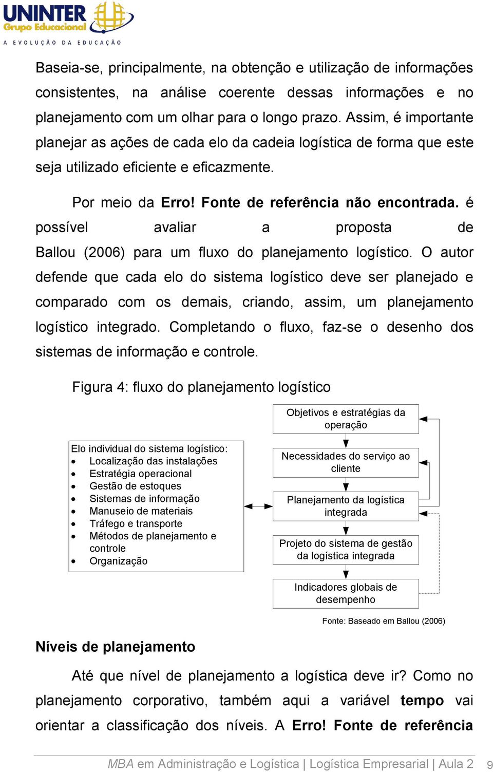 é possível avaliar a proposta de Ballou (2006) para um fluxo do planejamento logístico.