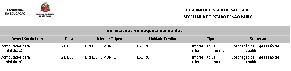 O sistema exibirá nos resultados, uma lista com os bens que estão sem solicitação de etiqueta. O usuário deverá selecionar os bens, marcando a primeira coluna à esquerda.