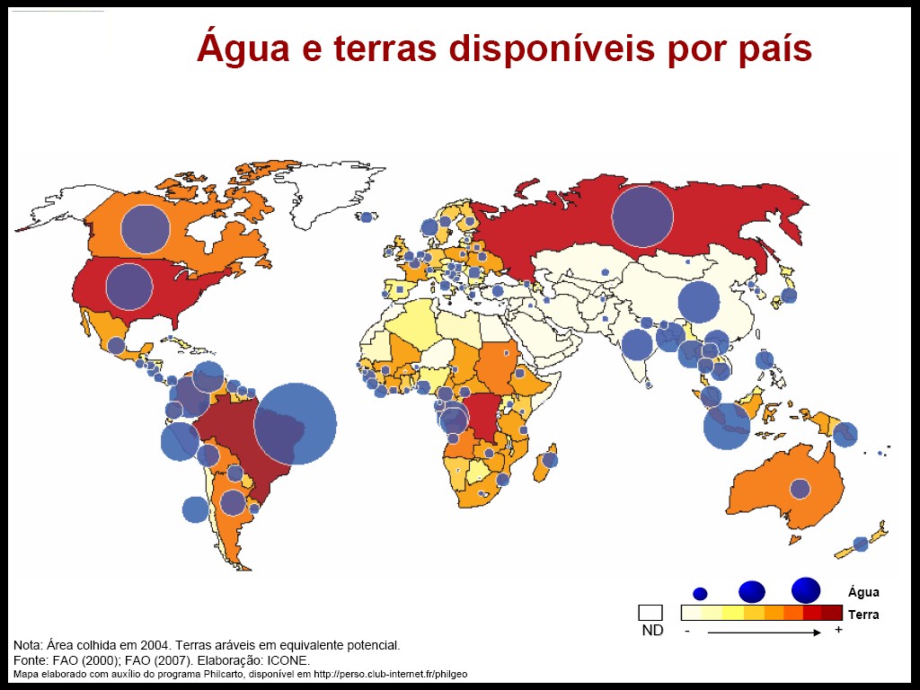 Mapa 1 Disponibilidade mundial de terras e água Estas vantagens comparativas para o desenvolvimento da agricultura no ficam ainda mais evidentes quando observamos o quadro abaixo que compara as
