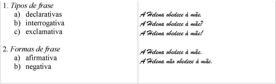 Formas de frase a) afirmativa b) negativa A Helena obedece