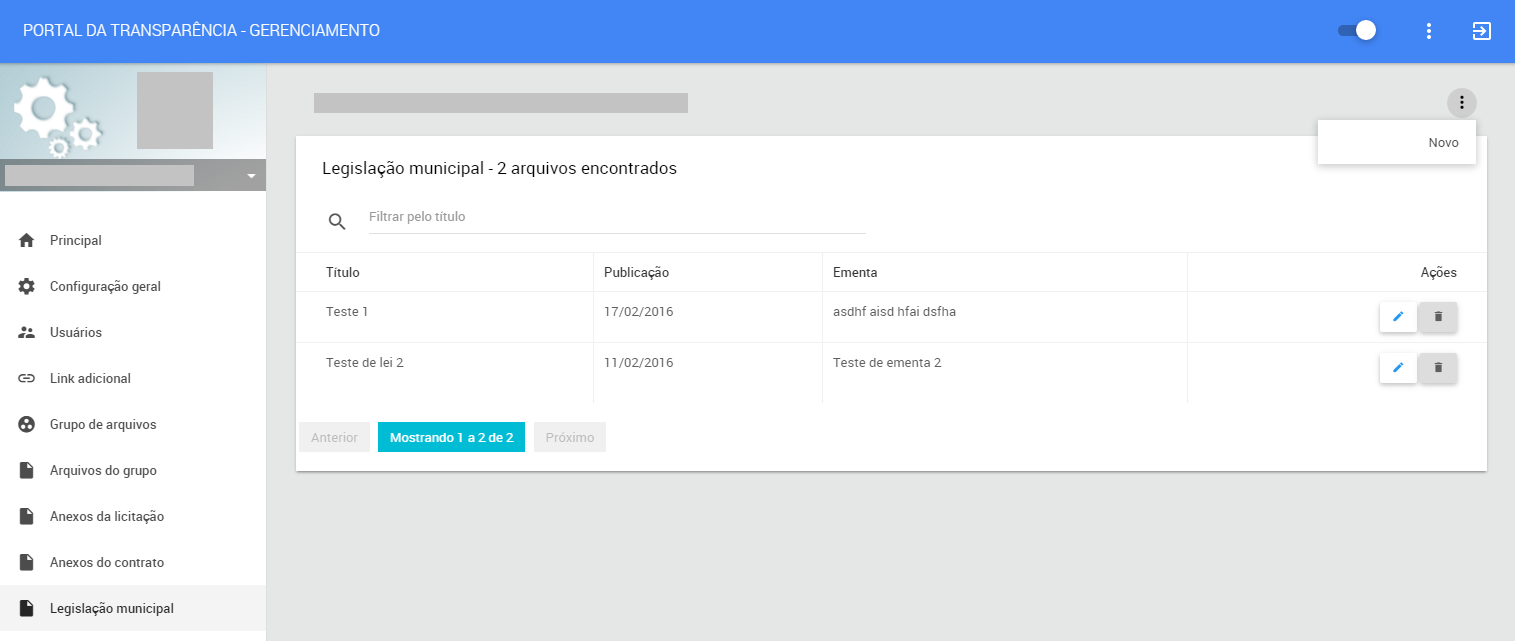 Na tela principal do portal da transparência, existe um link para legislação municipal. Esse link leva para uma lista de arquivos relacionados à legislação municipal.