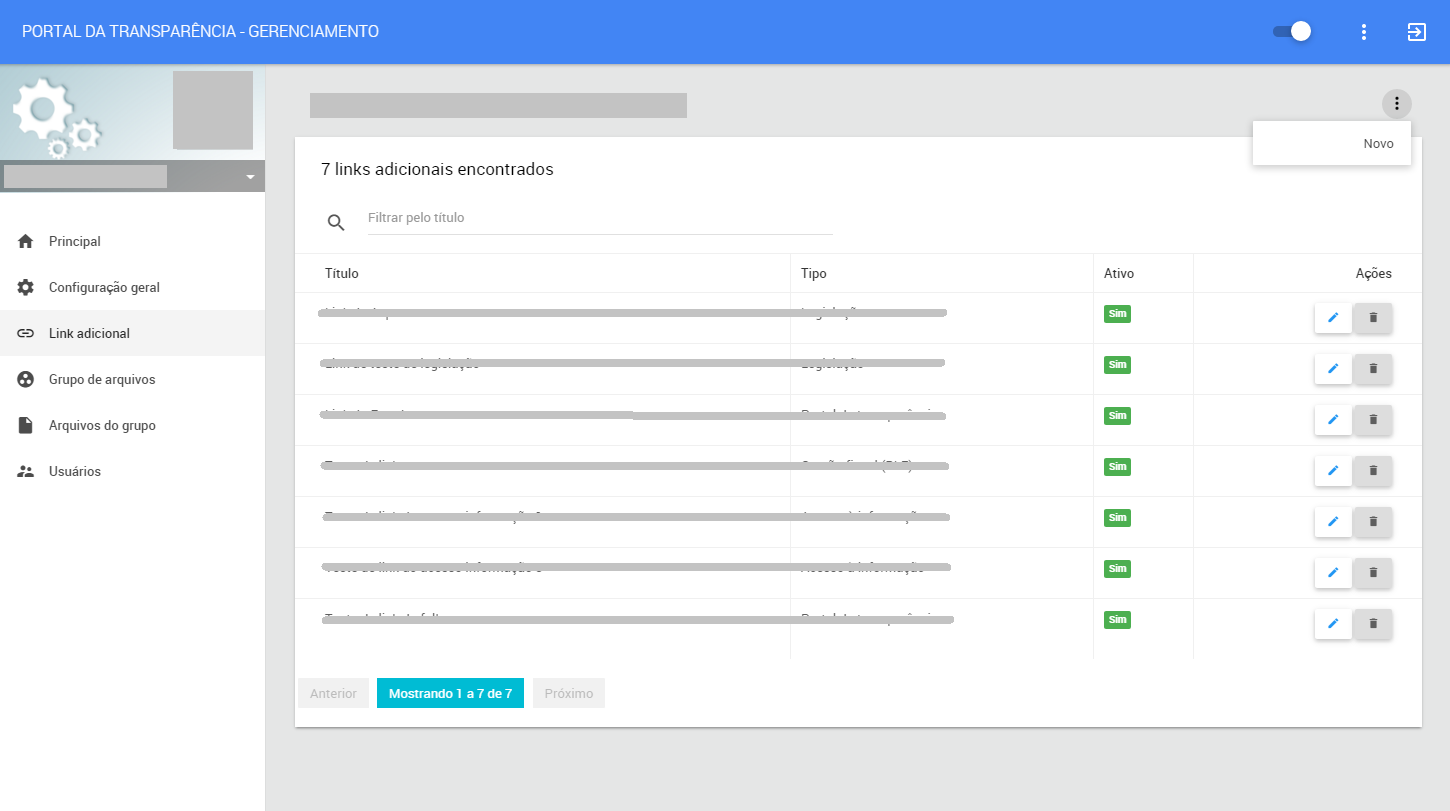 Observação: a seção Informações em arquivos, só deverá aparecer na página principal do portal, caso exista alguma informação cadastrada. No nosso primeiro exemplo, vamos incluir um link adicional.