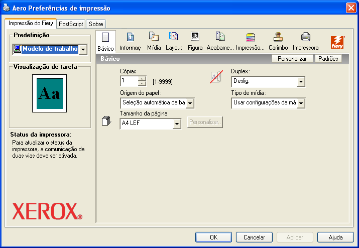 IMPRESSÃO 41 PARA DEFINIR OPÇÕES DE IMPRESSÃO PADRÃO PARA TAREFAS DE IMPRESSÃO DO WINDOWS USANDO O DRIVER DE IMPRESSORA POSTSCRIPT 1 Windows 2000: Clique em Iniciar, selecione Configurações e, em