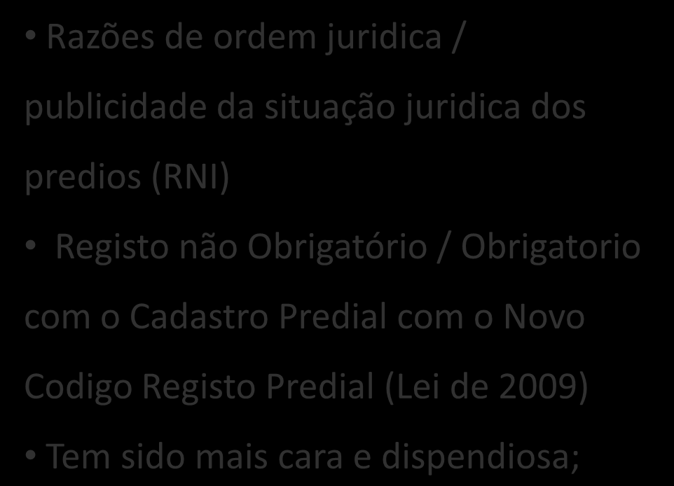 IMOVEIS/PREDIOS REGISTO MATRICIAL REGISTO PREDIAL Razões de ordem fiscal / caracterização e tributação Realizado pelas Câmaras Municipais Pouca relação com a realidade territorial Acessivel a toda a