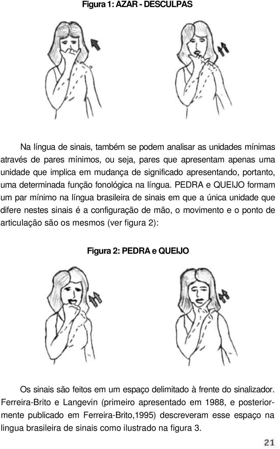 PEDRA e QUEIJO formam um par mínimo na língua brasileira de sinais em que a única unidade que difere nestes sinais é a configuração de mão, o movimento e o ponto de articulação são os mesmos