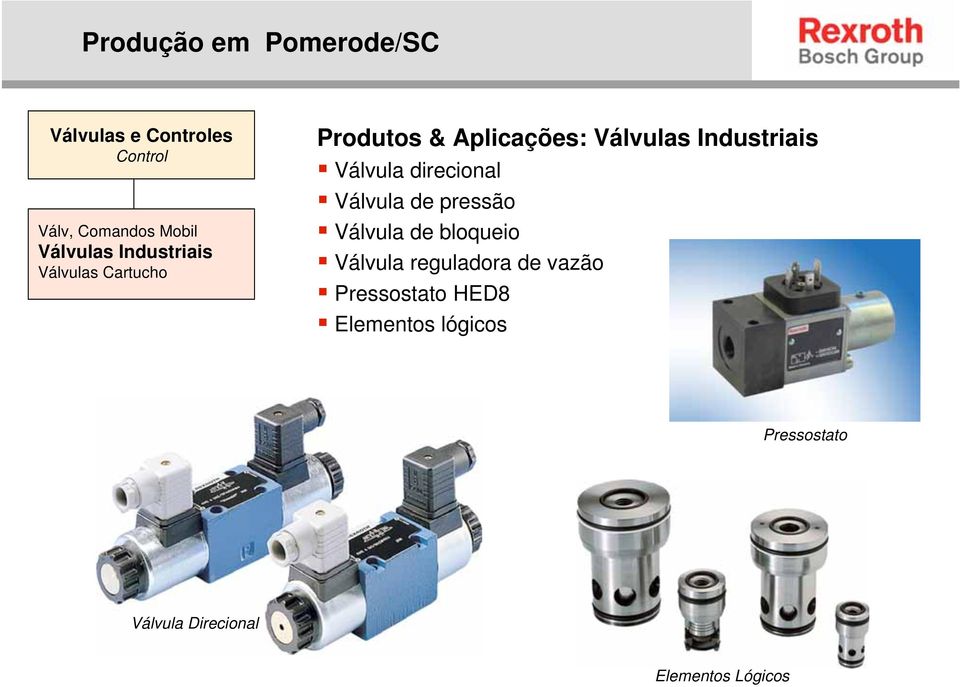 direcional Válvula de pressão Válvula de bloqueio Válvula reguladora de