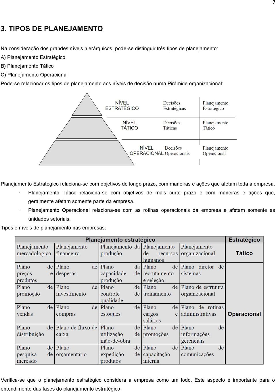 que afetam toda a empresa. Planejamento Tático relaciona-se com objetivos de mais curto prazo e com maneiras e ações que, geralmente afetam somente parte da empresa.