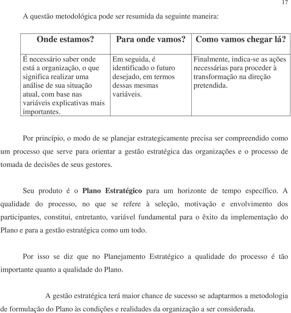 Em seguida, é identificado o futuro desejado, em termos dessas mesmas variáveis. Finalmente, indica-se as ações necessárias para proceder à transformação na direção pretendida.