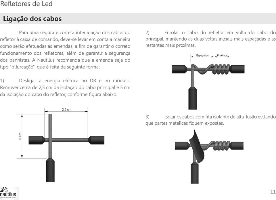 A Nautilus recomenda que a emenda seja do tipo bifurcação, que é feita da seguinte forma: 2) Enrolar o cabo do refletor em volta do cabo do principal, mantendo as duas voltas iniciais mais