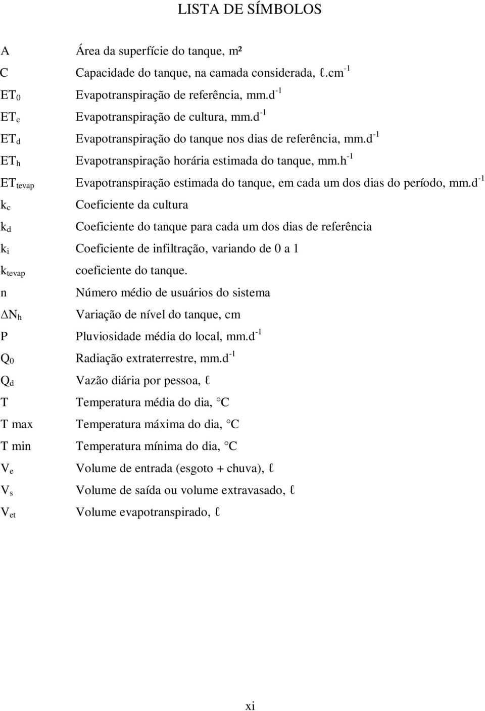 h -1 ET tevap Evapotranspiração estimada do tanque, em cada um dos dias do período, mm.