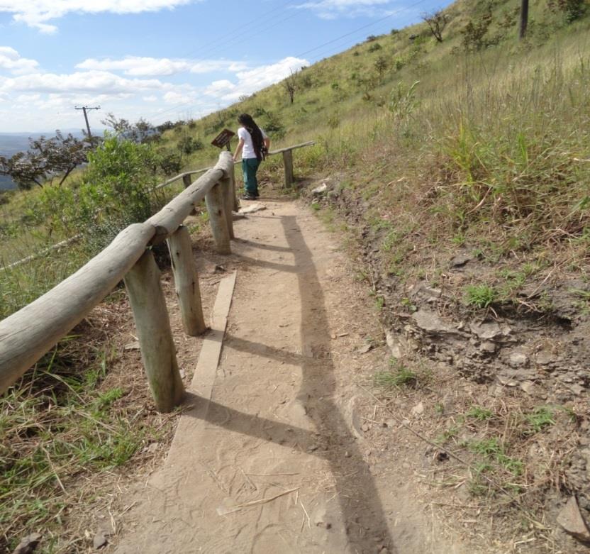 Inserir corrimãos Ponto 041 Início da descida, com cerca de 1,50m de largura. Chão de terra. Escadas com espelho em toras de meia cana e estacas precárias e piso em terra batida.