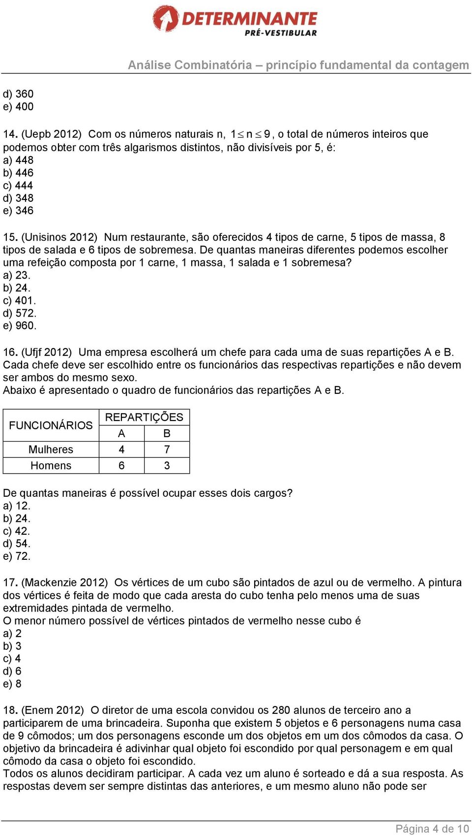 (Unisinos 2012) Num restaurante, são oferecidos 4 tipos de carne, 5 tipos de massa, 8 tipos de salada e 6 tipos de sobremesa.