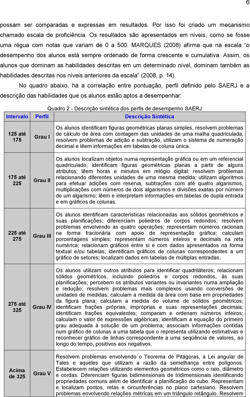 MARQUES (2008) afirma que na escala o desempenho dos alunos está sempre ordenado de forma crescente e cumulativa.