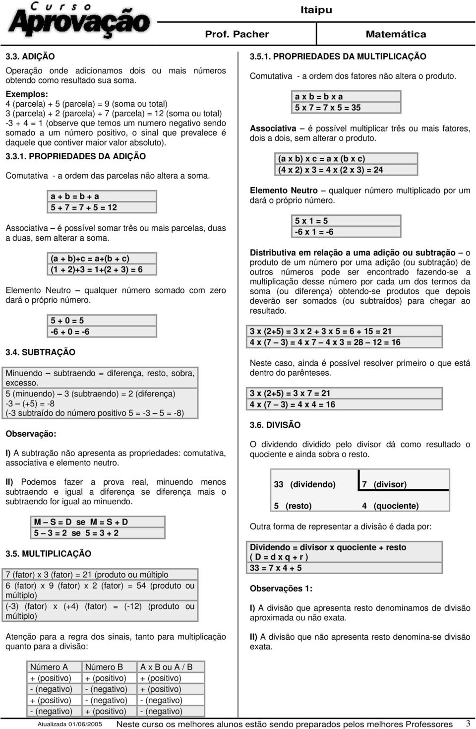 prevalece é daquele que contiver maior valor absoluto). 3.3.. PROPRIEDADES DA ADIÇÃO Comutativa - a ordem das parcelas não altera a soma.