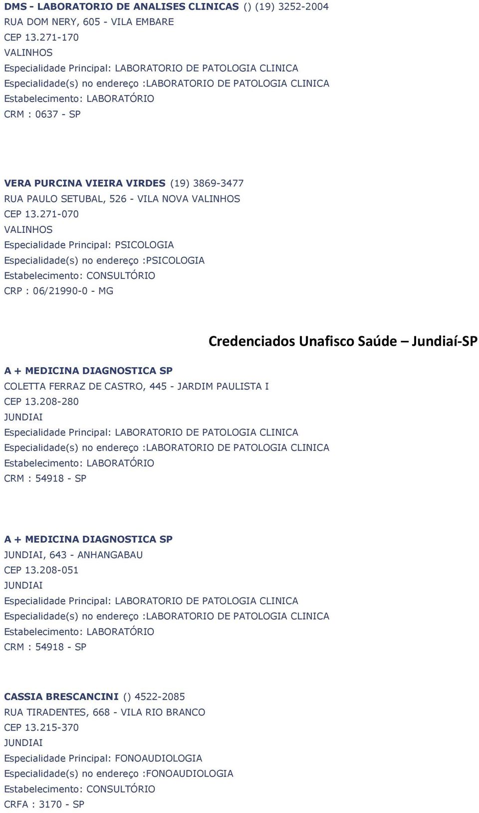 271-070 VALINHOS CRP : 06/21990-0 - MG Credenciados Unafisco Saúde Jundiaí-SP A + MEDICINA DIAGNOSTICA SP COLETTA FERRAZ DE CASTRO, 445 - JARDIM PAULISTA I CEP 13.