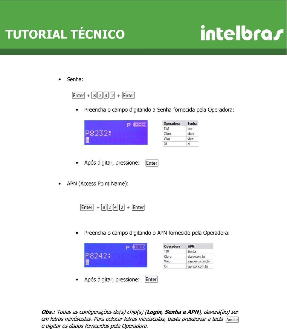 : Todas as configurações do(s) chip(s) (Login, Senha e APN), deverá(ão) ser em letras