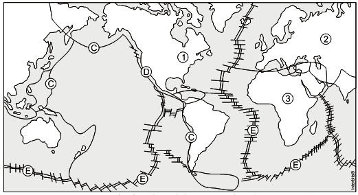 Proposto 2) (UFRGS) Observe a figura abaixo, que representa a disposição das placas litosféricas. (BAUD, P.: BOURGEAT, S; BRAS, C. Dicionário de Geografia. Lisboa [Portugal]: 1999. p. 402) Assinale a alternativa correta a respeito desta figura.