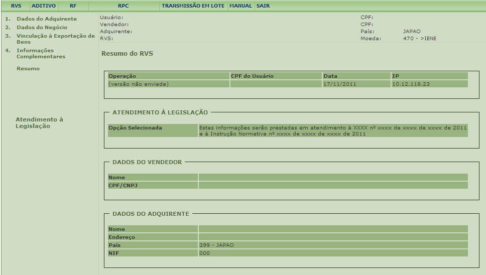 Resumo do RVS A tela Resumo do RVS traz as