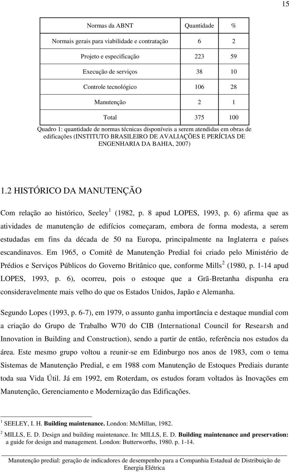 2 HISTÓRICO DA MANUTENÇÃO Com relação ao histórico, Seeley 1 (1982, p. 8 apud LOPES, 1993, p.