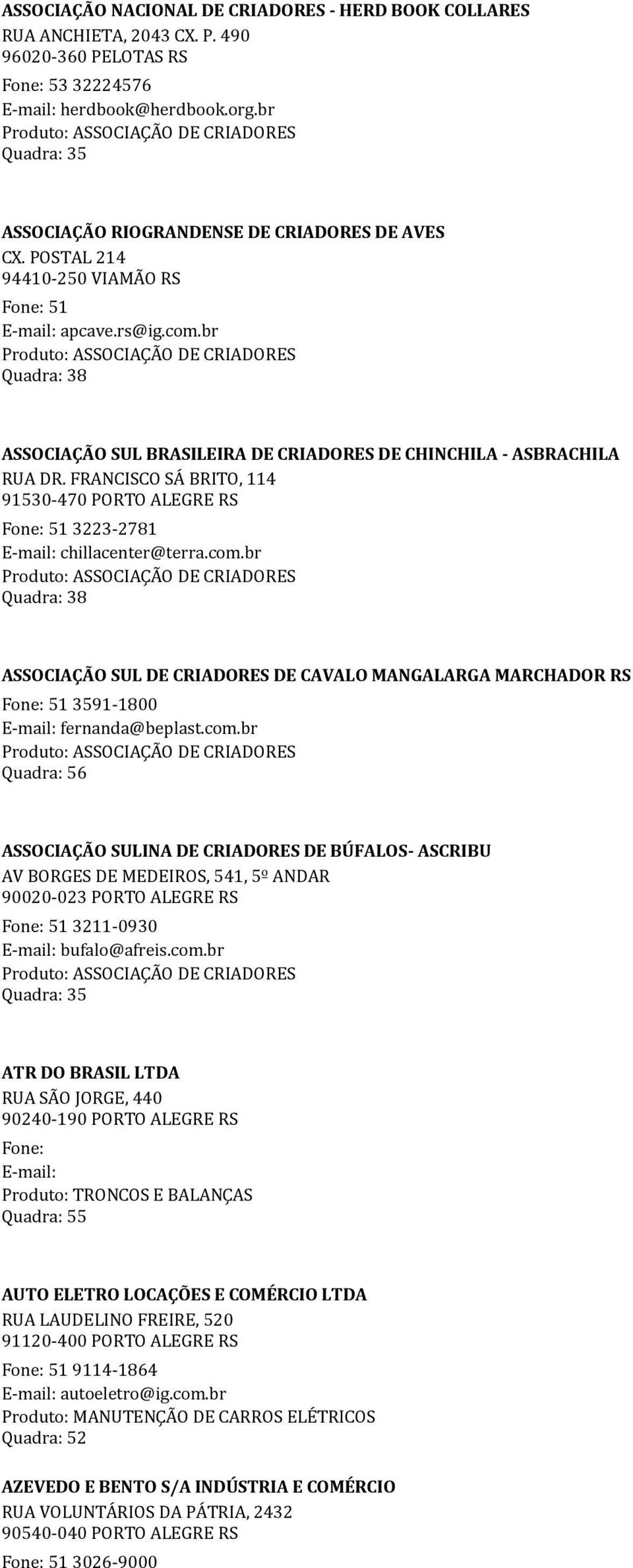 br Quadra: 38 ASSOCIAÇÃO SUL BRASILEIRA DE CRIADORES DE CHINCHILA - ASBRACHILA RUA DR. FRANCISCO SÁ BRITO, 114 91530-470 PORTO ALEGRE RS Fone: 51 3223-2781 E-mail: chillacenter@terra.com.