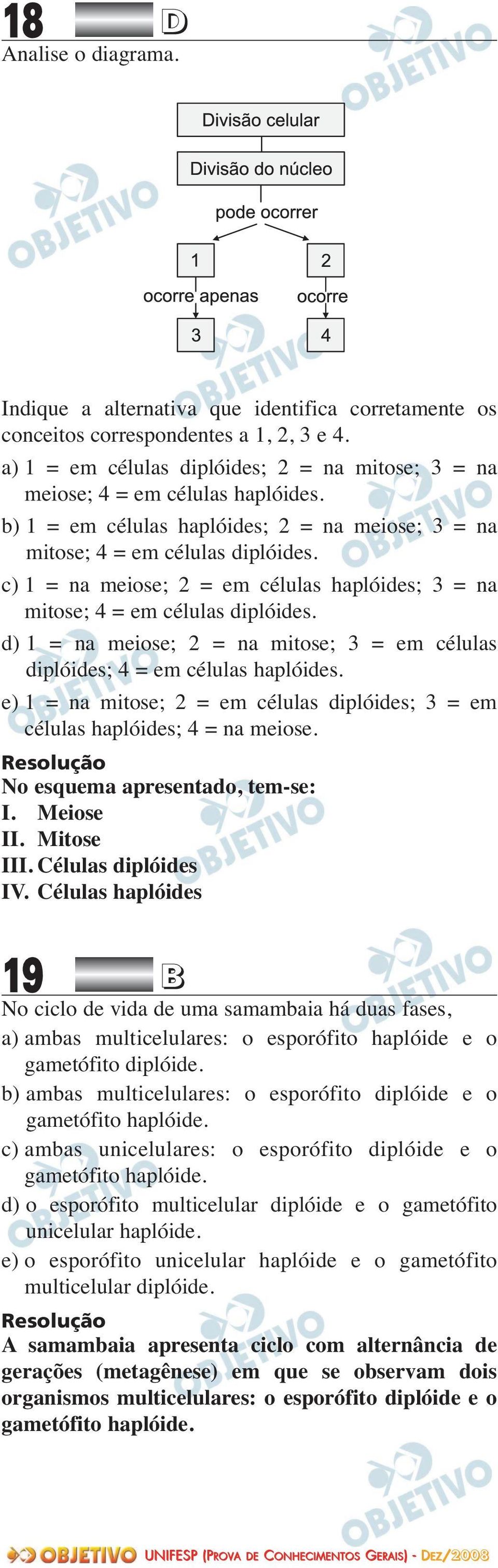 c) 1 = na meiose; 2 = em células haplóides; 3 = na mitose; 4 = em células diplóides. d) 1 = na meiose; 2 = na mitose; 3 = em células diplóides; 4 = em células haplóides.